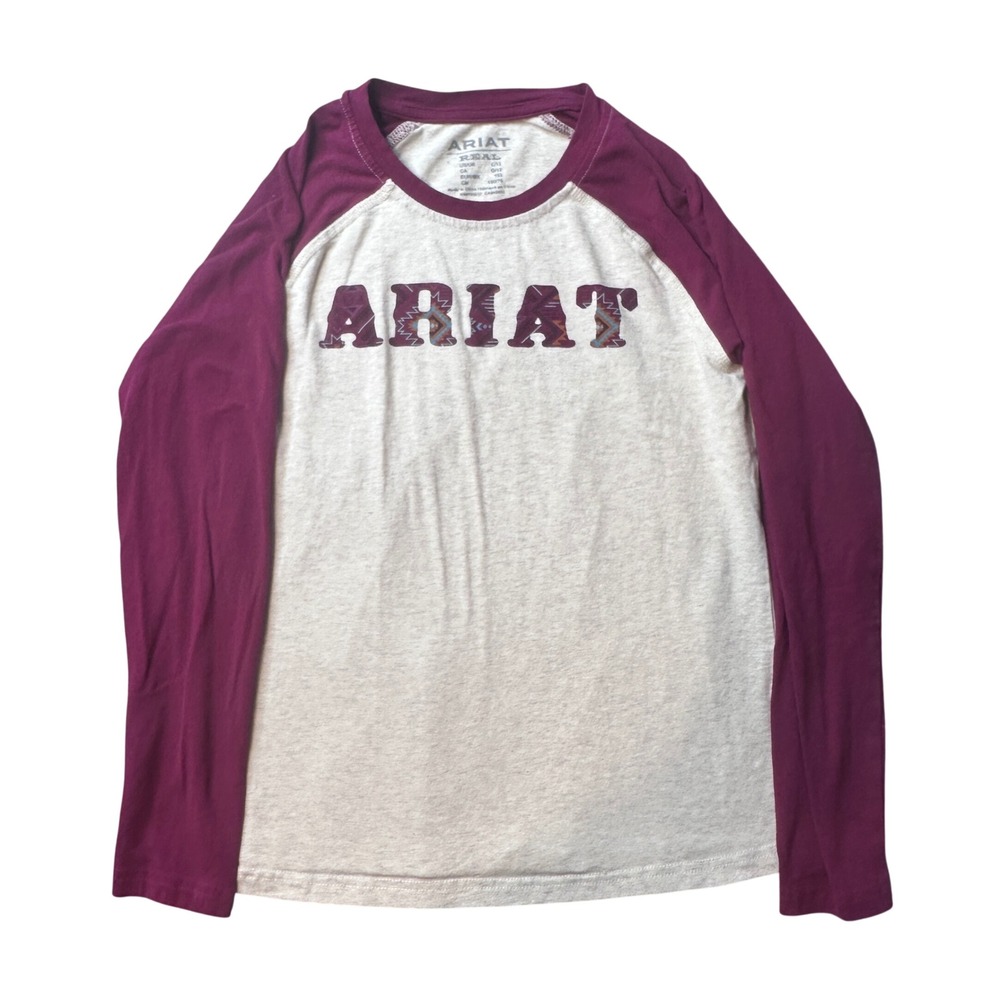 Ariat Raglan Tee Shirt Kids Size 12 Burgundy Cream Logo Southwestern‎ Baseball